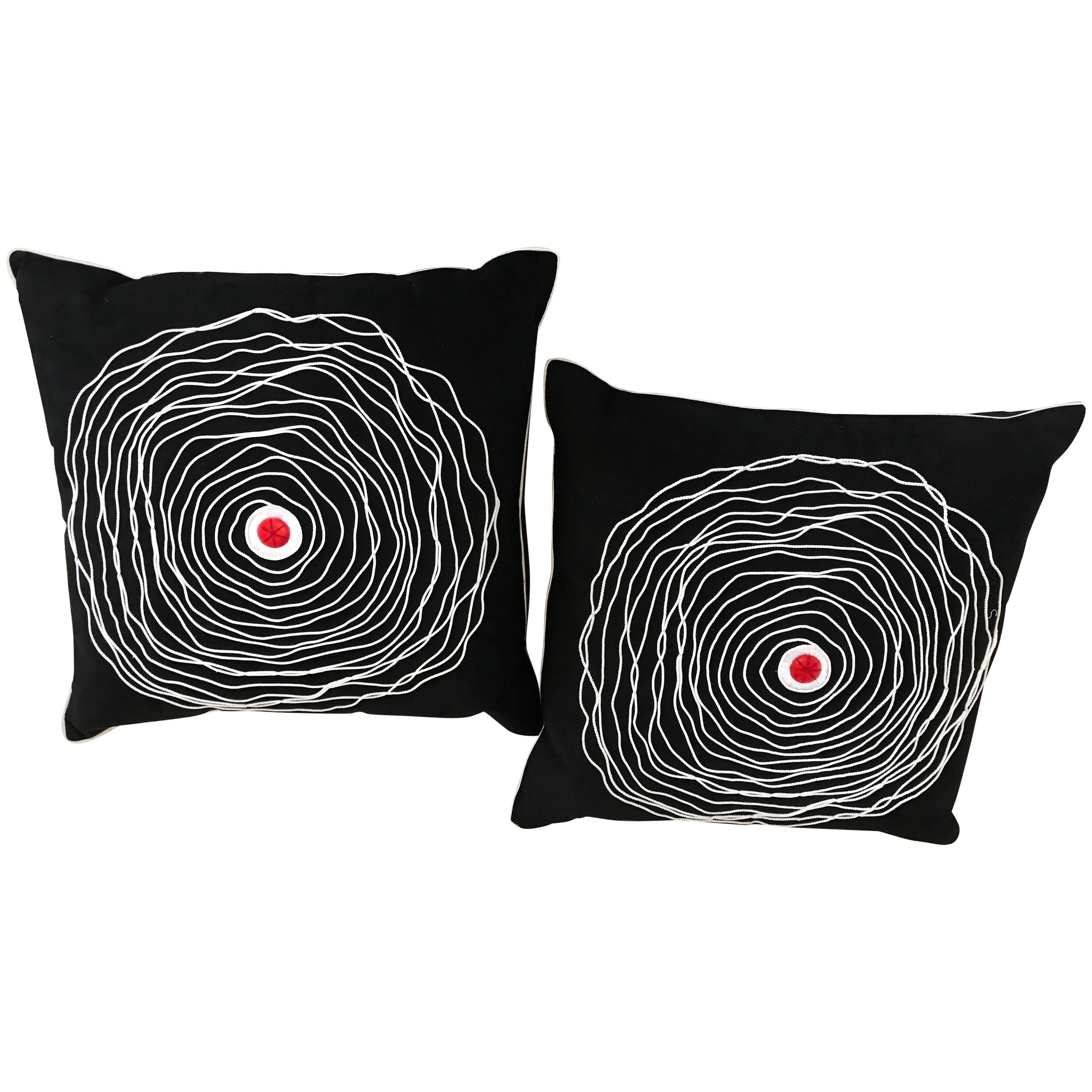 Pair of Black and White Modern Art Decorative Embroidered Cord Pillows For Sale