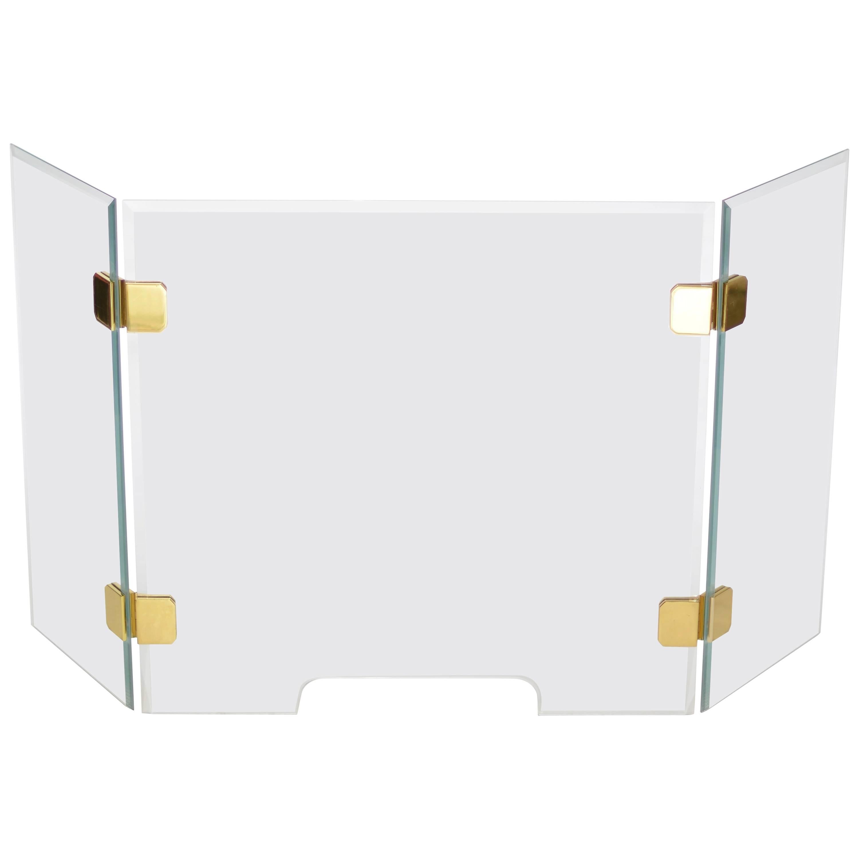 Beveled Glass and Brass Tri-Fold Fireplace Screen