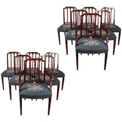 12 Antique English Hepplewhite Mahogany Dining Chairs, Needlepoint Seats