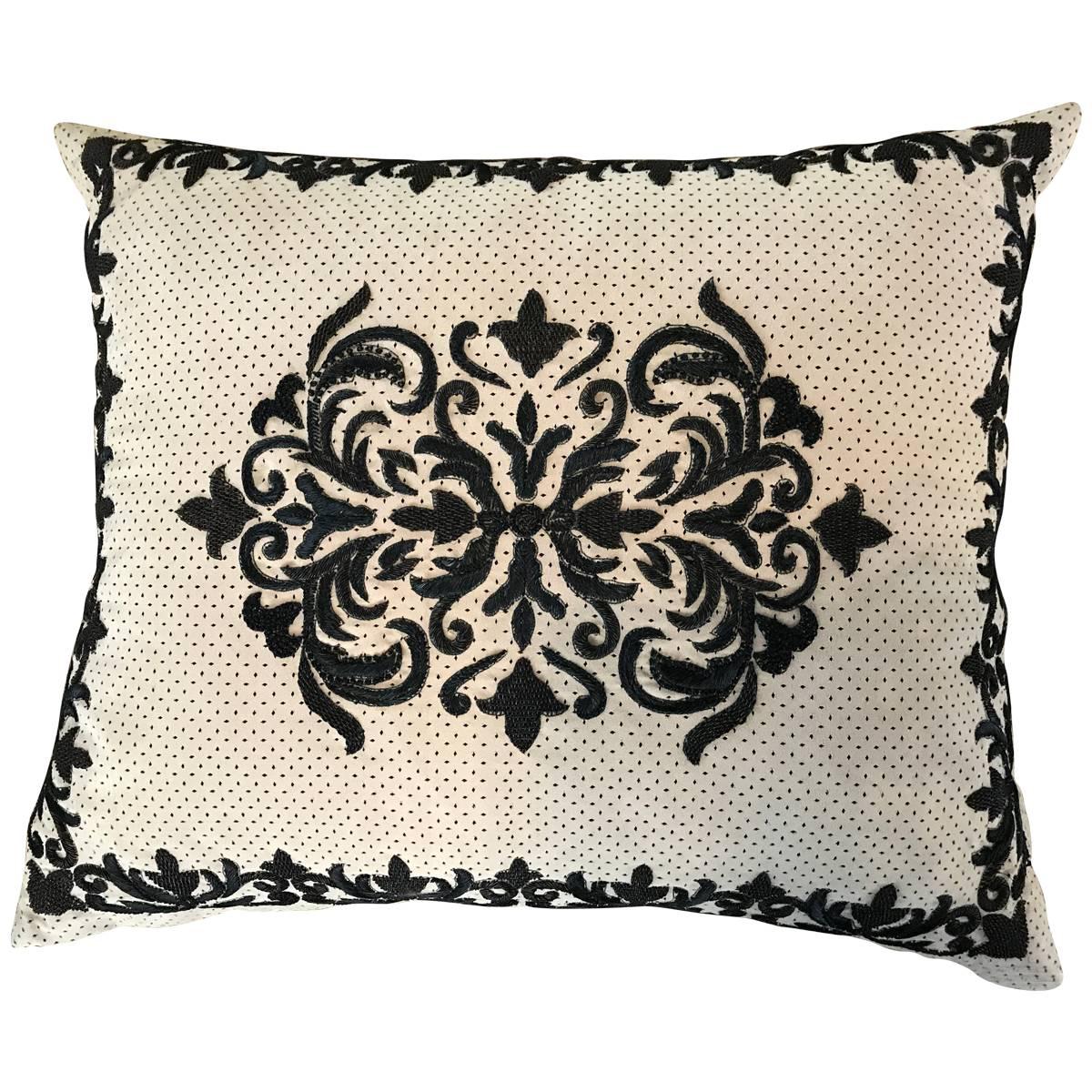 Chic Sand and Black Ultra Suede Heavily Embroidered Decorative Pillow For Sale