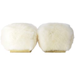 Set of Two Sheepskin and Brass Mid-Century Footstools