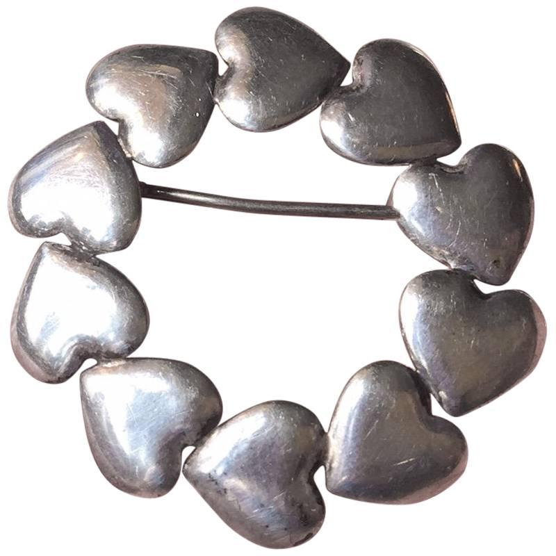 Rare Danish Art Deco Silver Heart Brooch by Hans Hansen, Denmark, 1930s