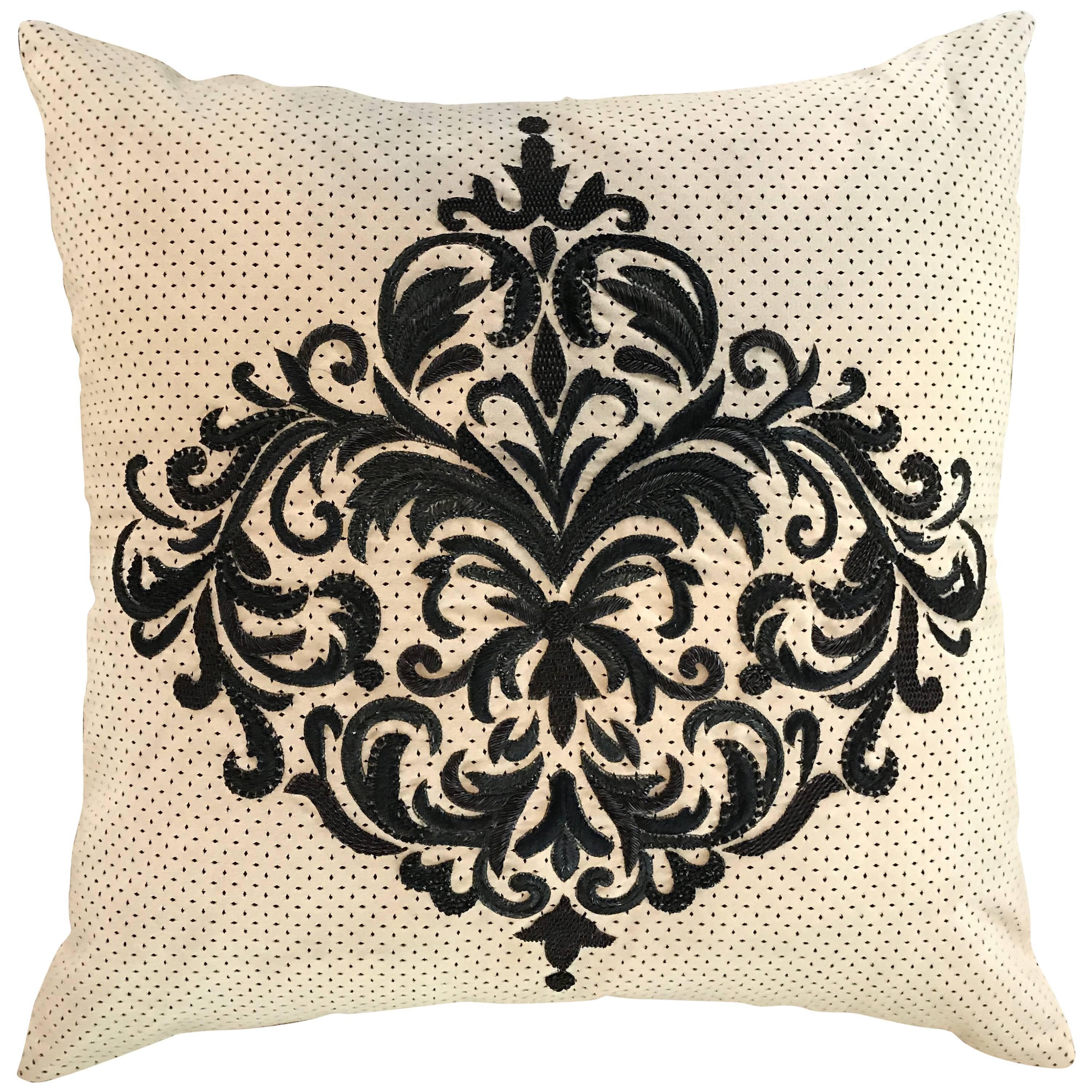 Perforated Ultra Suede Sand and Black Embroidered Decorative Pillow For Sale