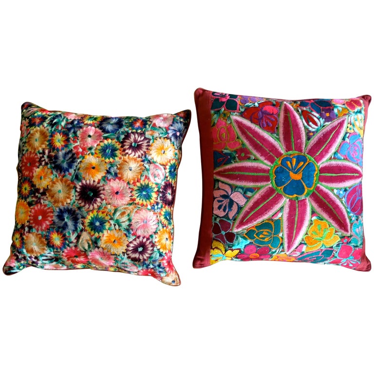 Pair of Beautifully Intricately Embroidered Floral Decorative Pillows For Sale at 1stdibs