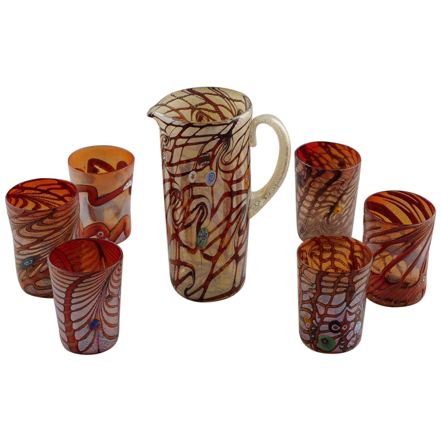 Set of Red Orange Murano Glass Pitcher with Six Tumblers