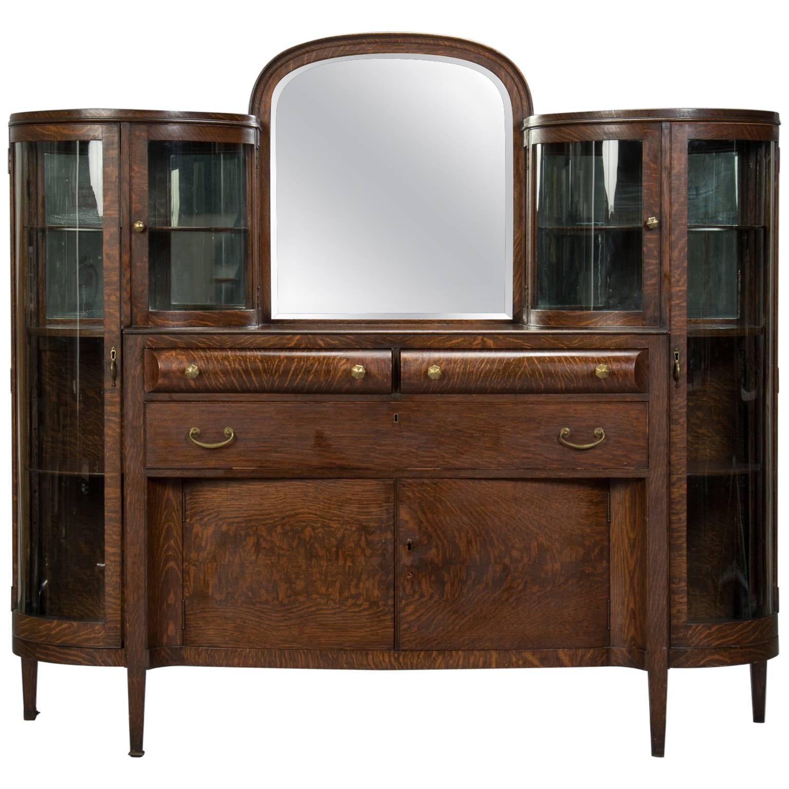 American Arts & Crafts Oak and Curved Glass Cabinet