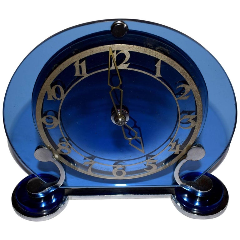 Art Deco English Blue Glass and Chrome Clock For Sale at 1stdibs