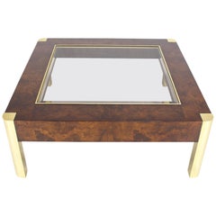 Vintage Burl Wood Brass Glass Top Square Coffee Table