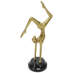 Retro Tall Modern Bronze Sculpture of Gymnast in Action Marble Base