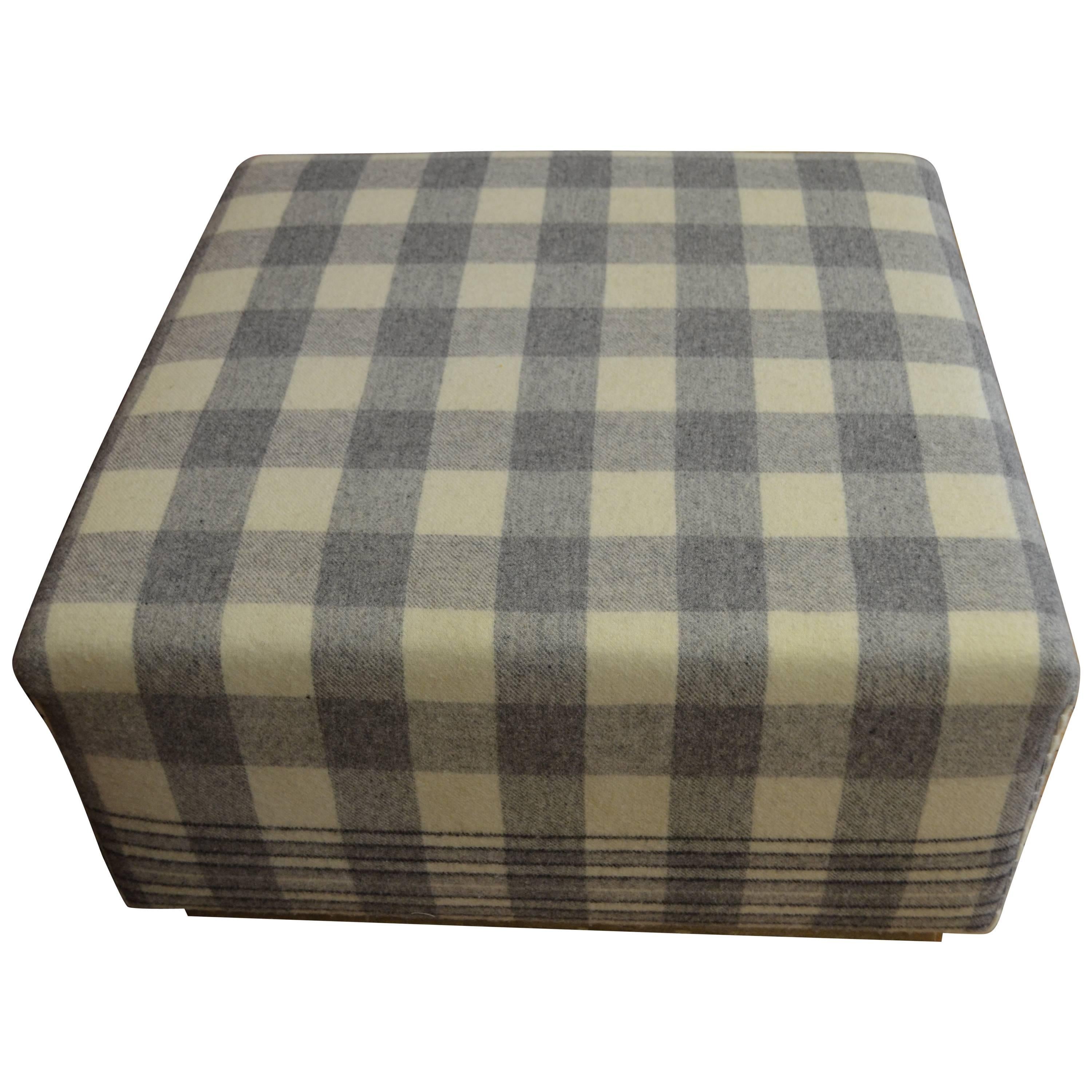 Ottoman Upholstered in Vintage Wool Blanket on Barn Board Wood Base For Sale