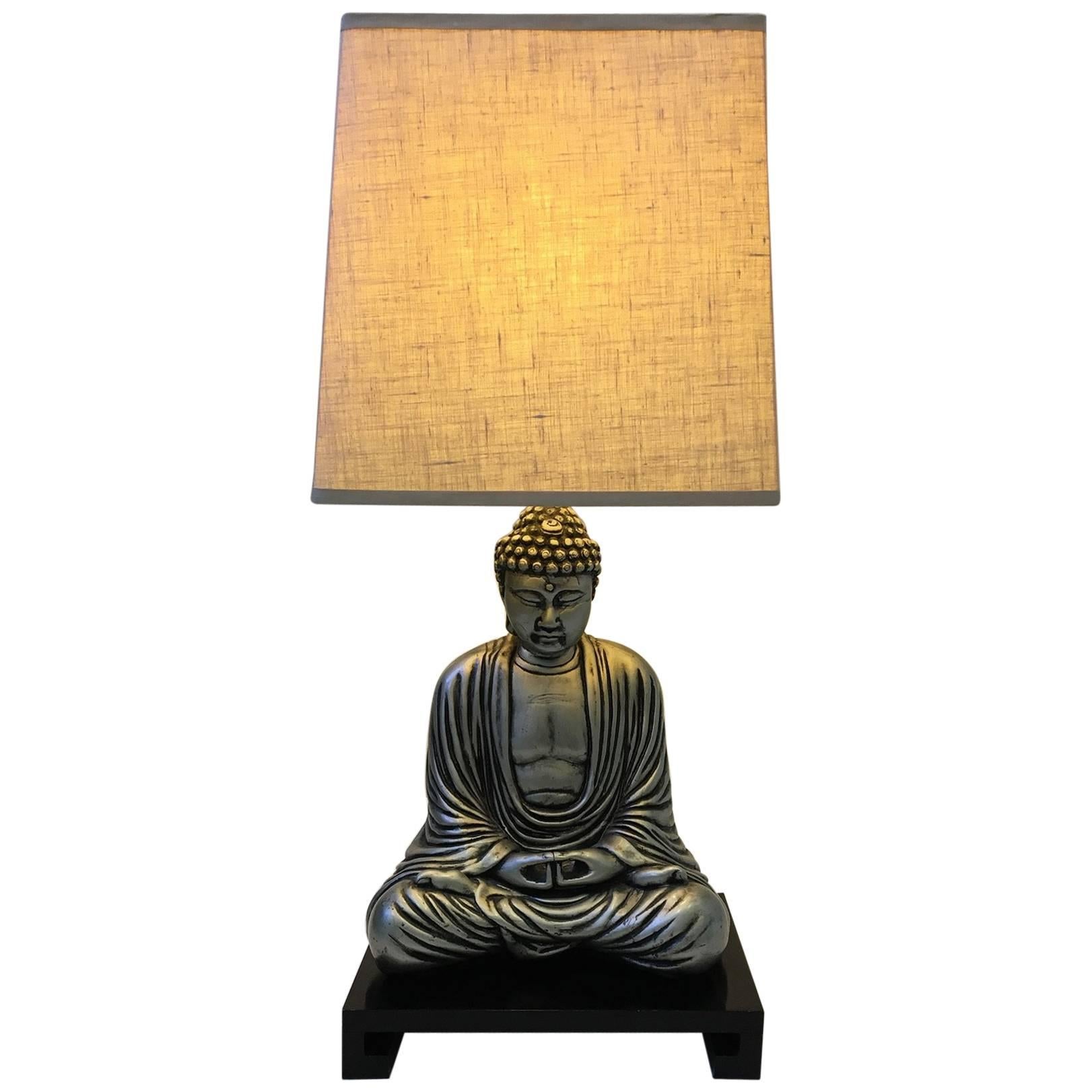 Silver and Black Lacquered Buddha Table Lamp in the Style of James Mont