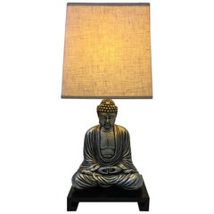 Silver and Black Lacquered Buddha Table Lamp in the Style of James Mont