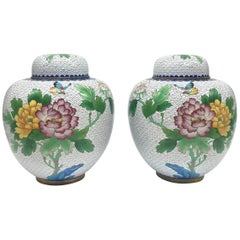 Vintage Pair of Cloisonné Ginger Jars, White, Extra Large