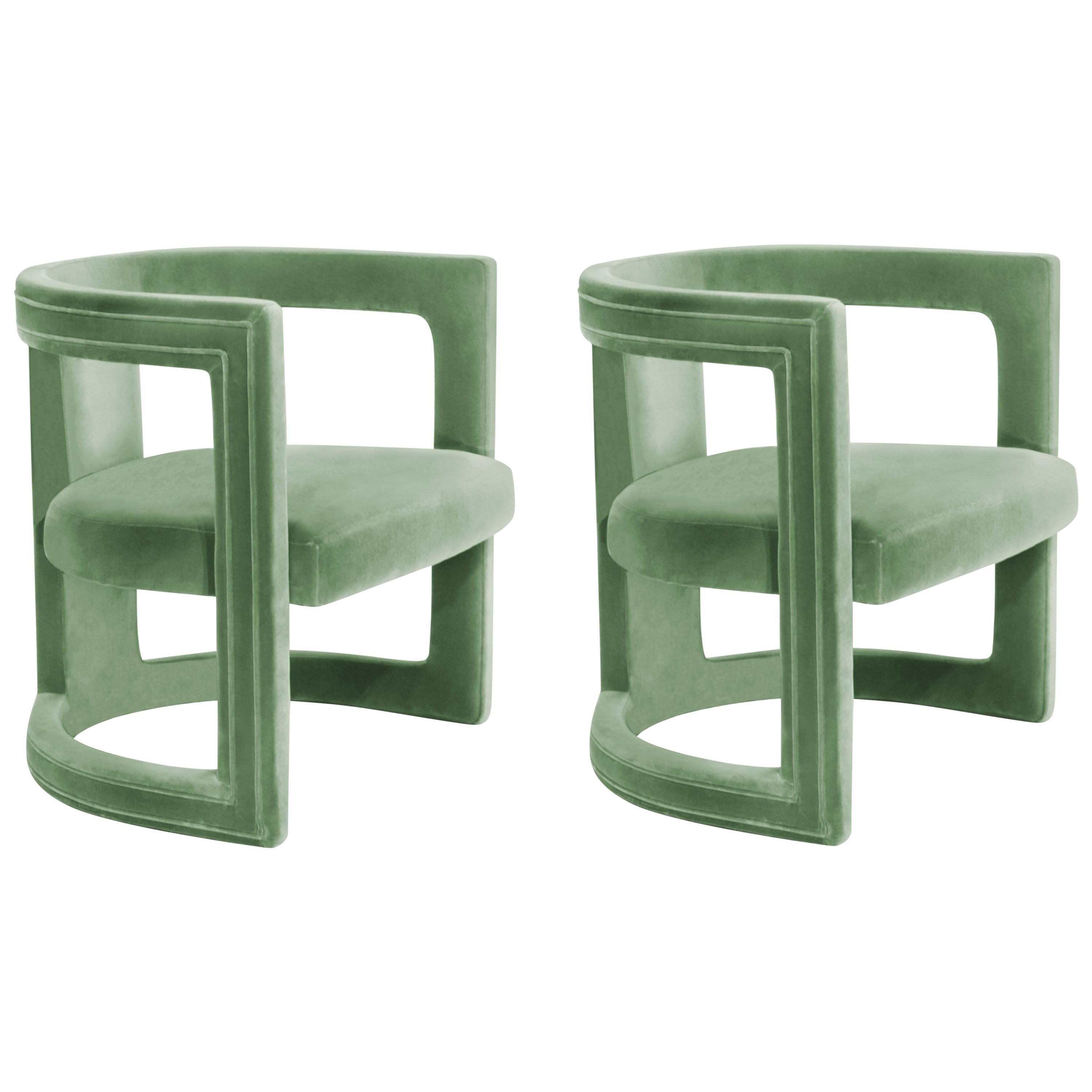 Pair of Modern European Green Cotton Velvet Armchair Tub Lounge Cocktail Chairs For Sale