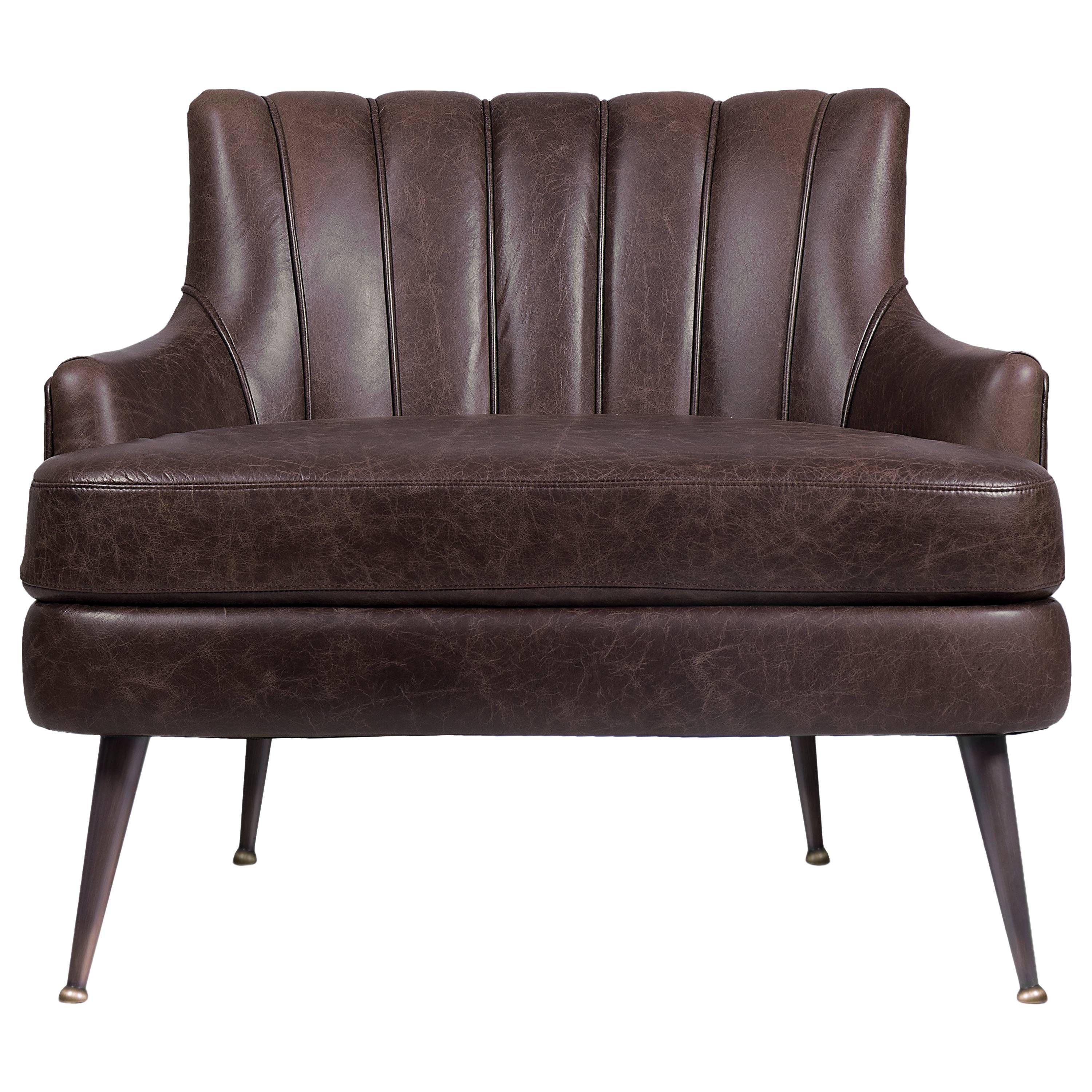 Modern European Brown Ruched Faux Leather and Aged Brass Armchair For Sale