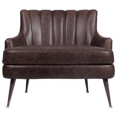 Modern European Brown Ruched Faux Leather and Aged Brass Armchair