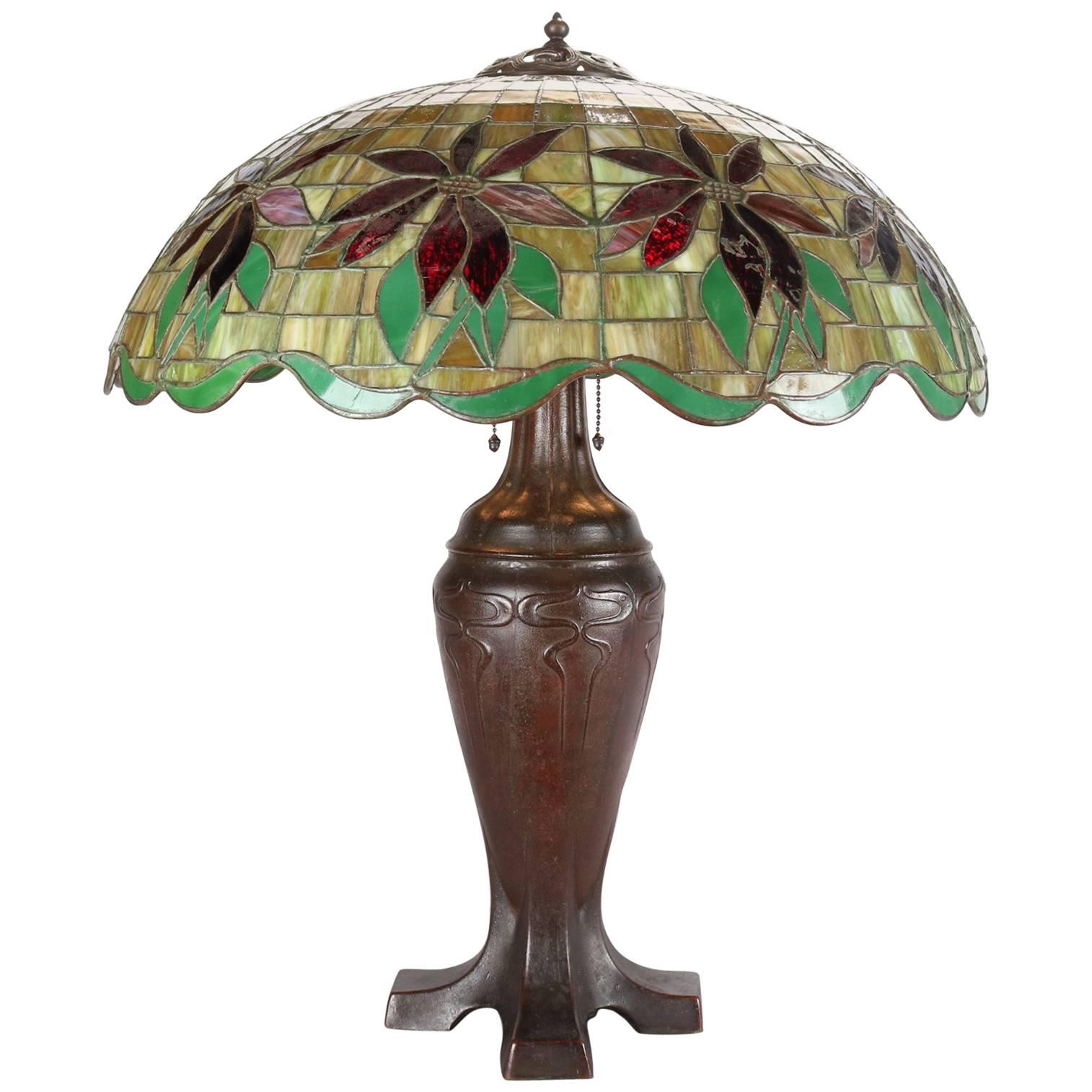 Antique Handel Mosaic Leaded Stained Glass Table Lamp, Poinsettia Design