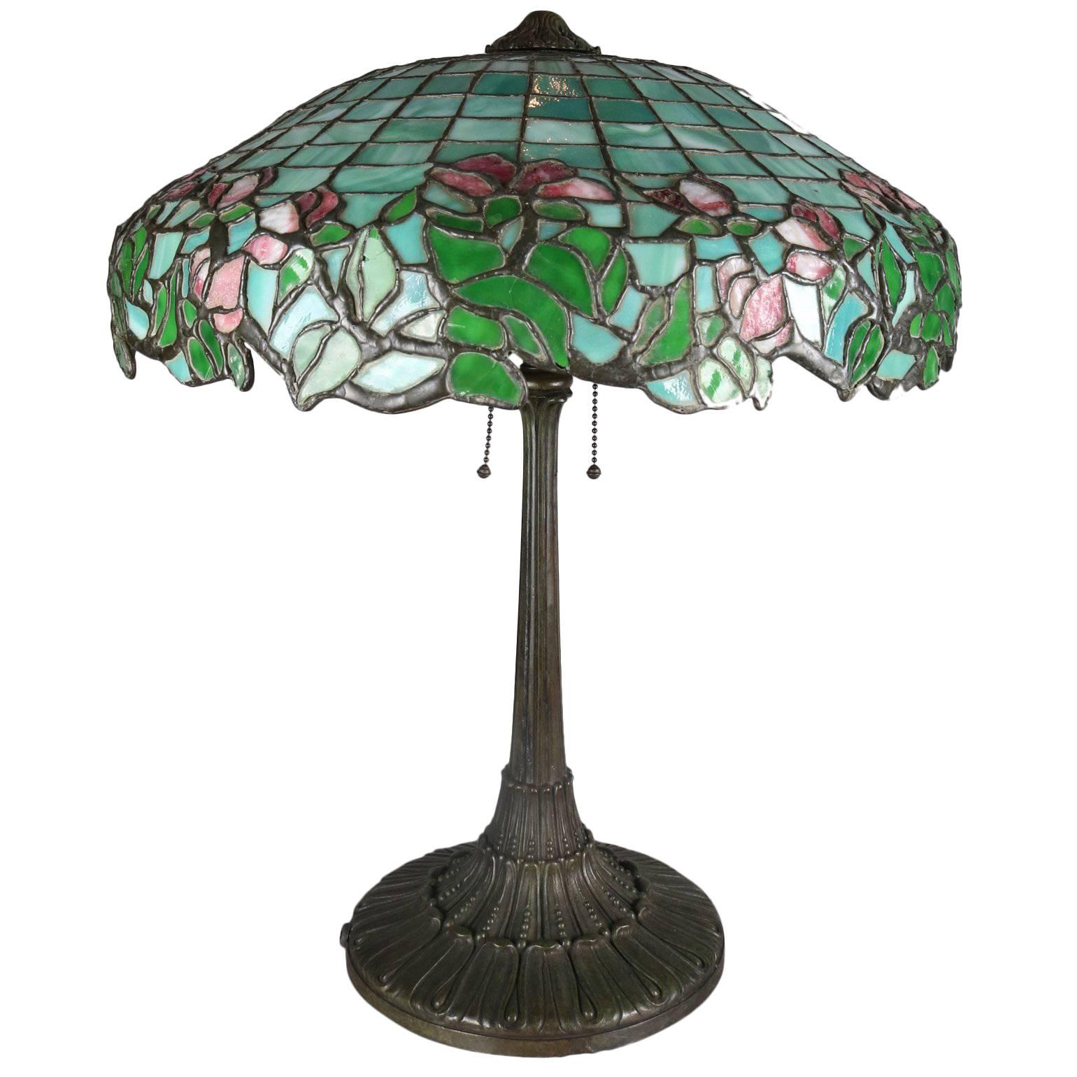 Antique Gorham Art Nouveau Mosaic Leaded Stained Glass Lamp, Rose and Petal