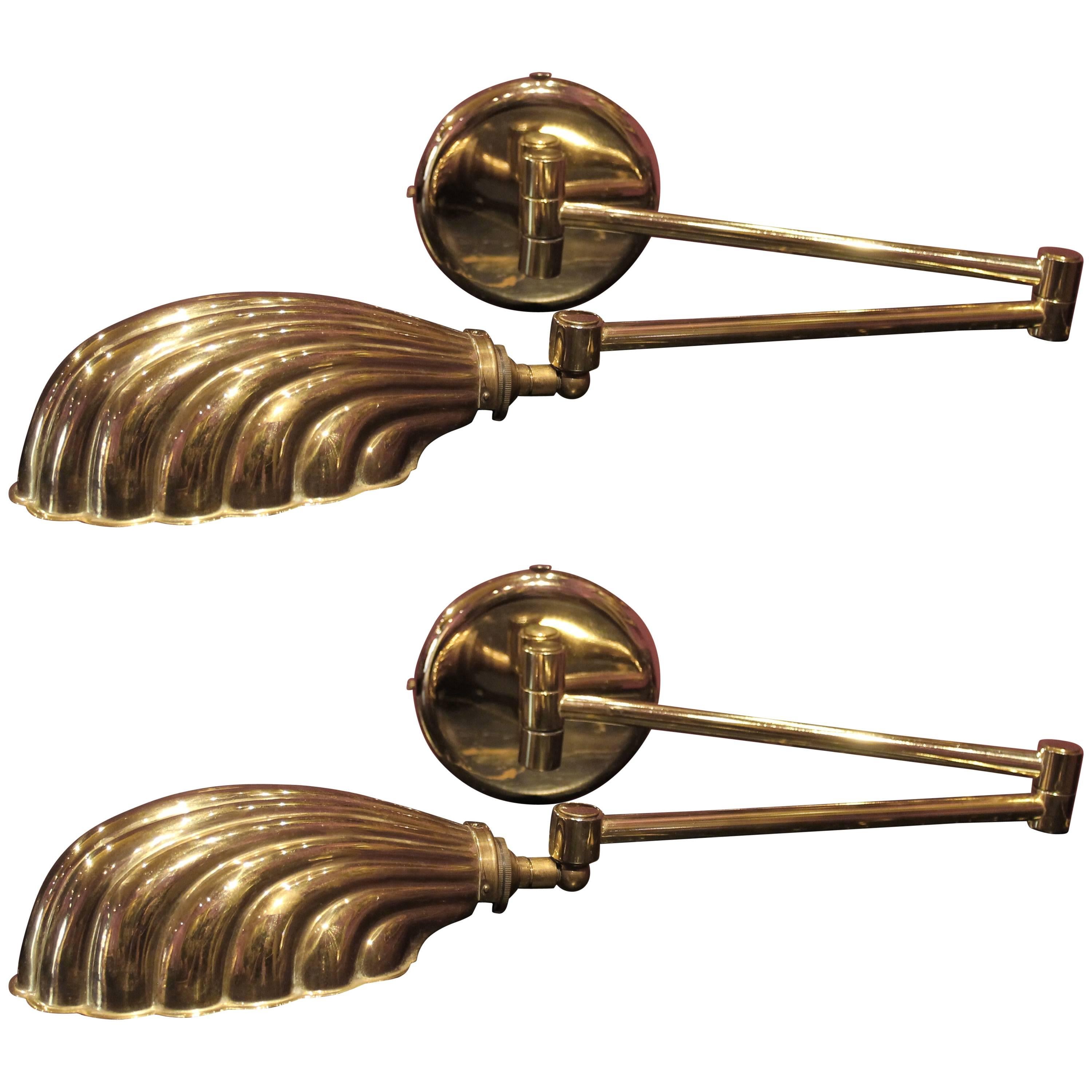 Pair of Italian Gilt Brass Swing Arm Shell Sconces, circa 1950