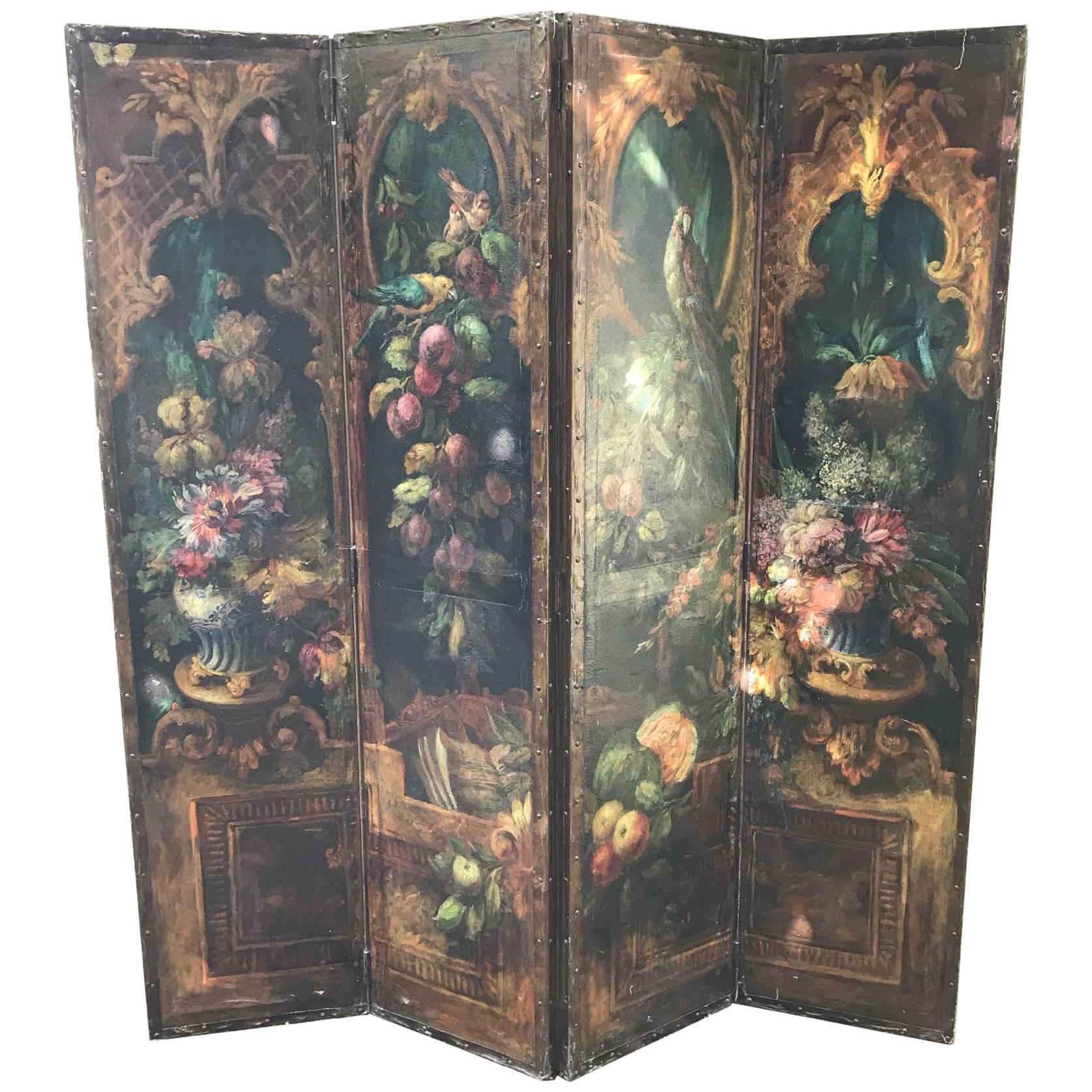 Early 19th Century Leather Painted Screen with Birds and Foliage For Sale