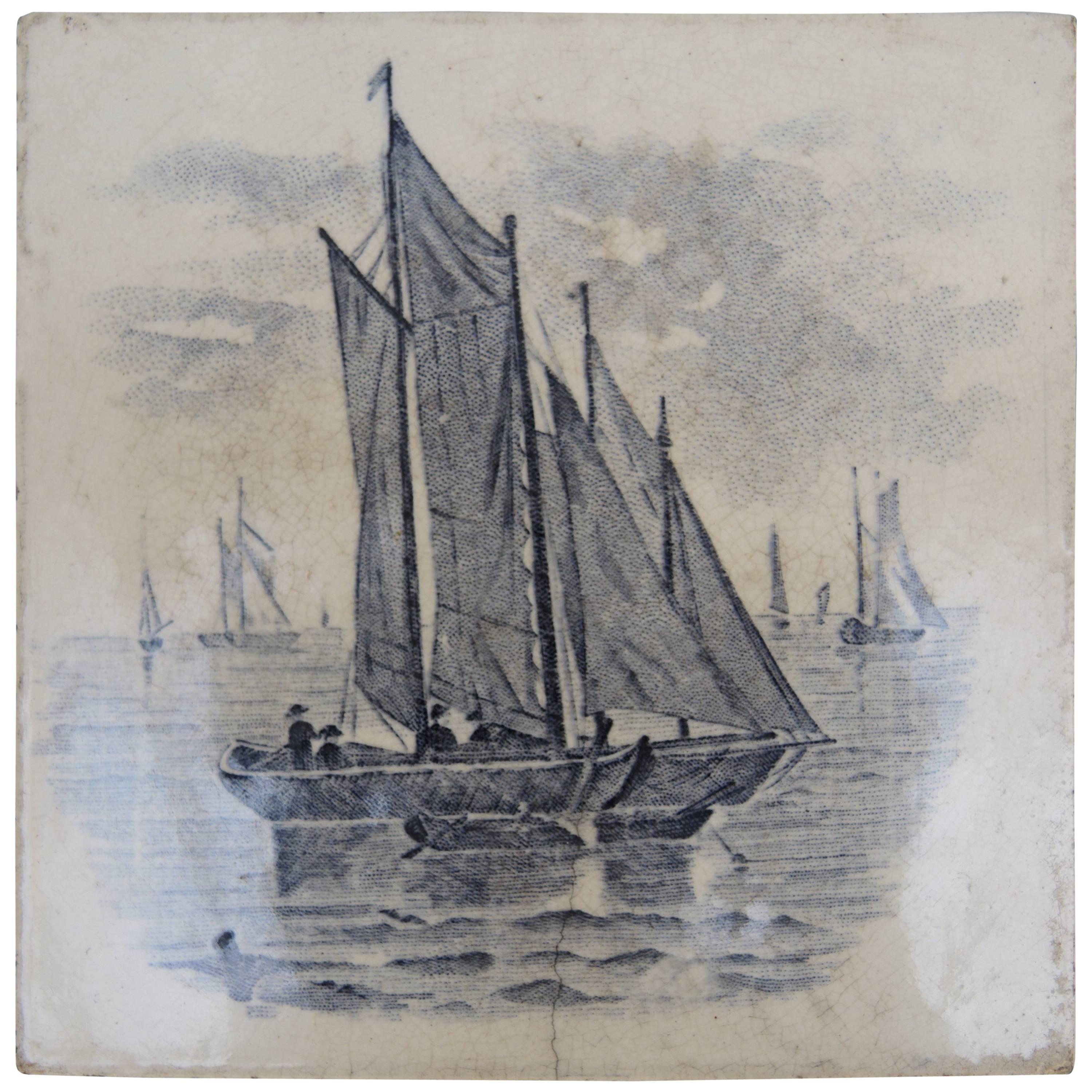 Antique English Sailboat Transfer Ware Serving Trivet  For Sale