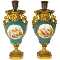 Antique Pair French Ormolu Mounted Sevres Style Vases Lamps, circa 1870