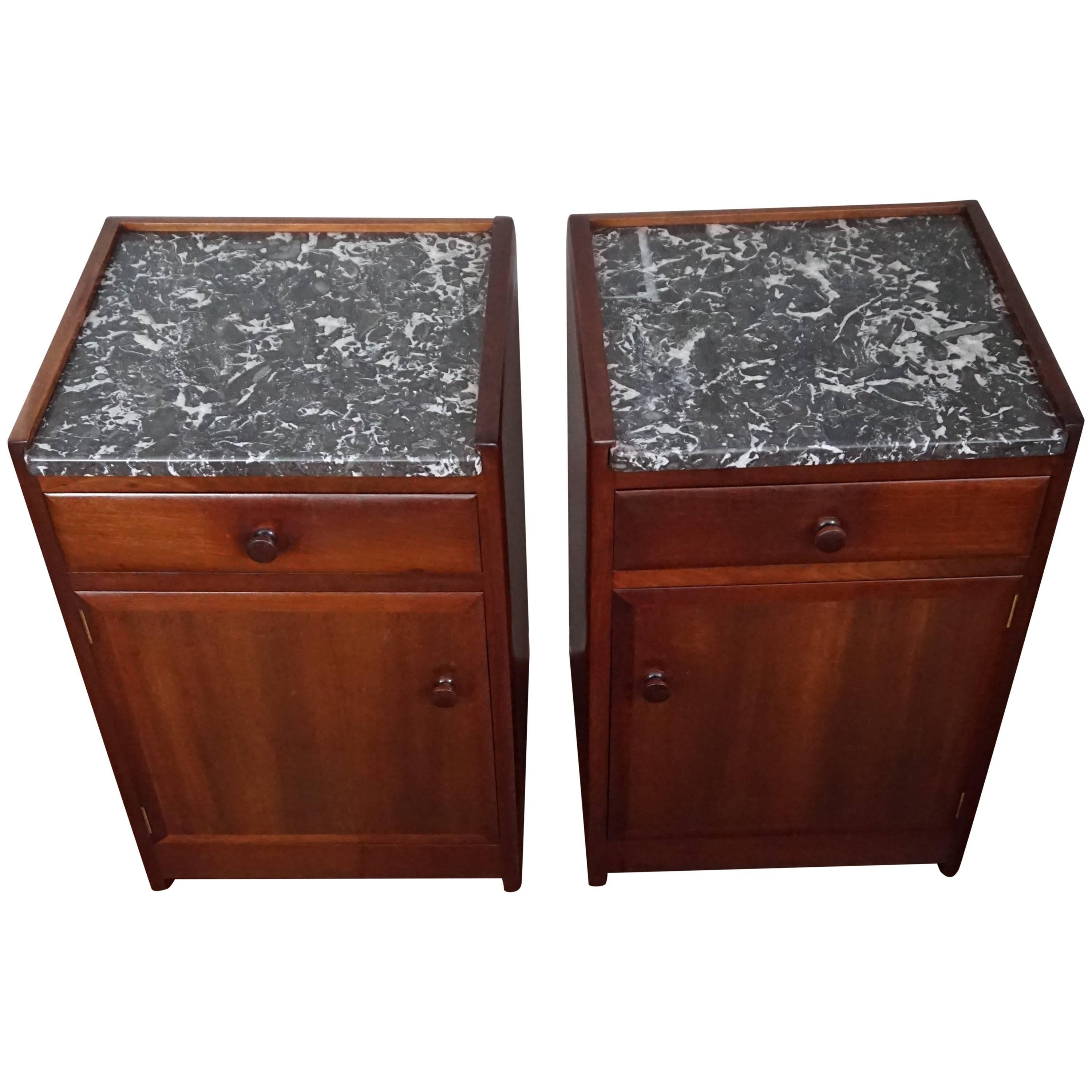 Stunning Art Deco Mahogany & Marble Nightstands Bedside Tables by J.A. Huizinga