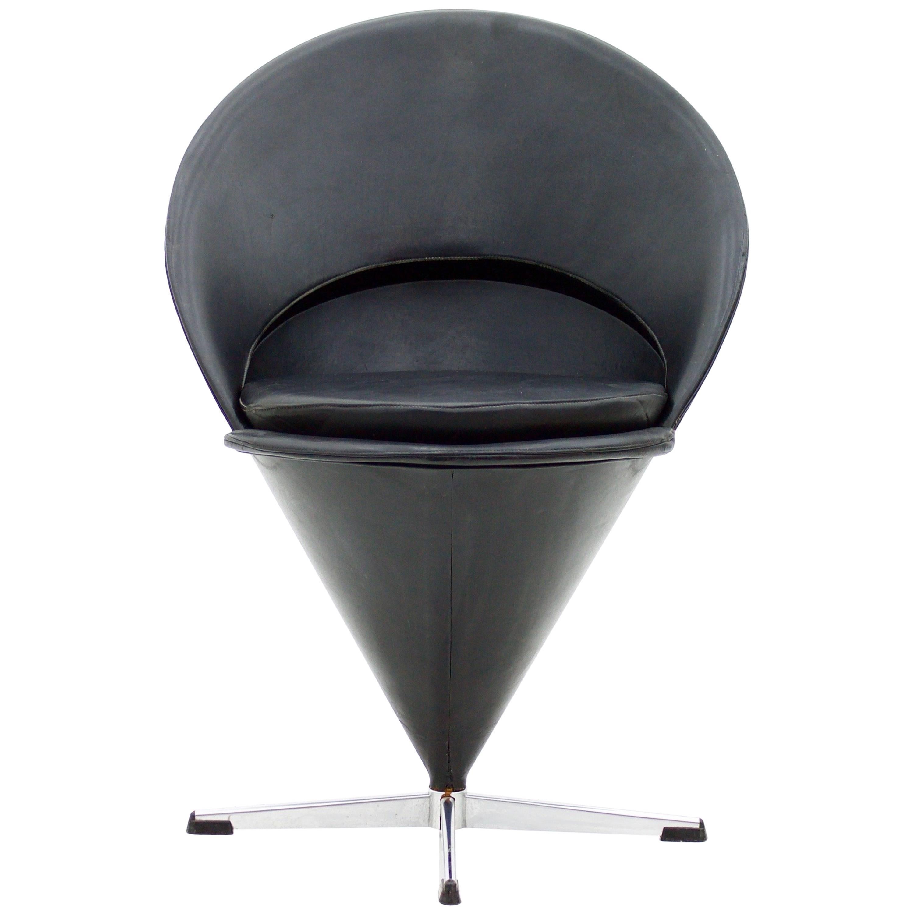 Verner Panton Black Leather Cone Chair, 1958