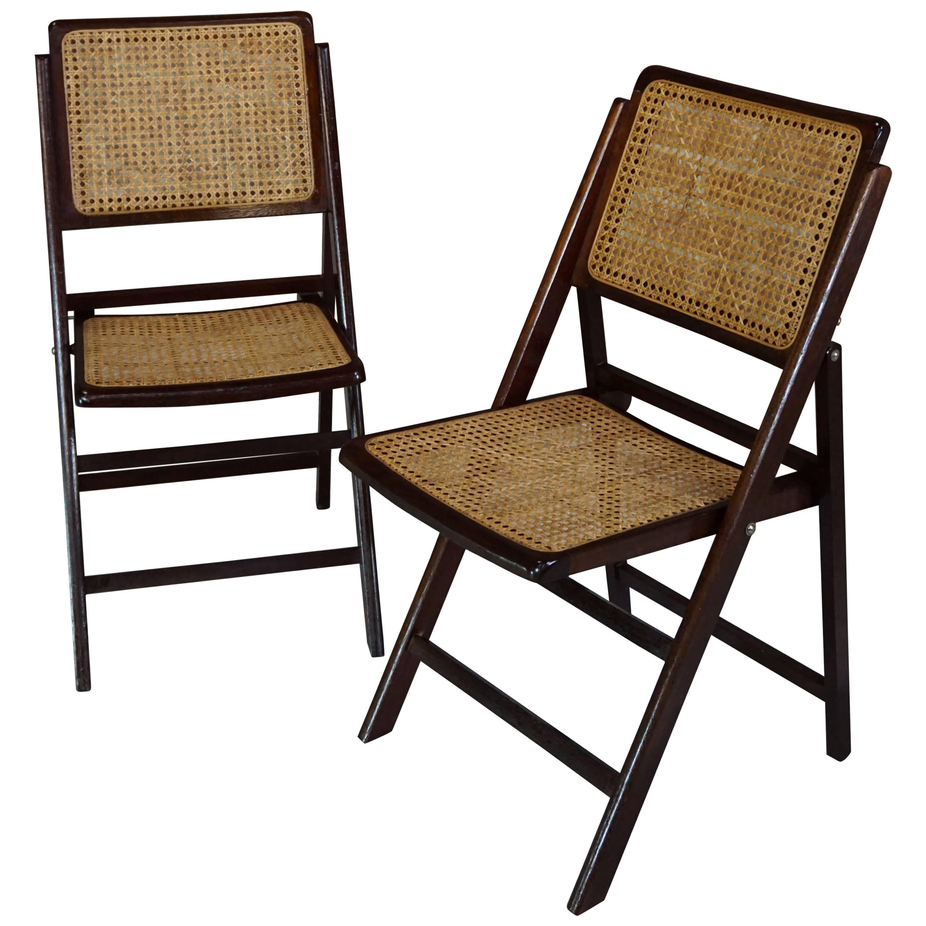 Pair of Folding Wood and Wickers Chairs Design of the 1960s