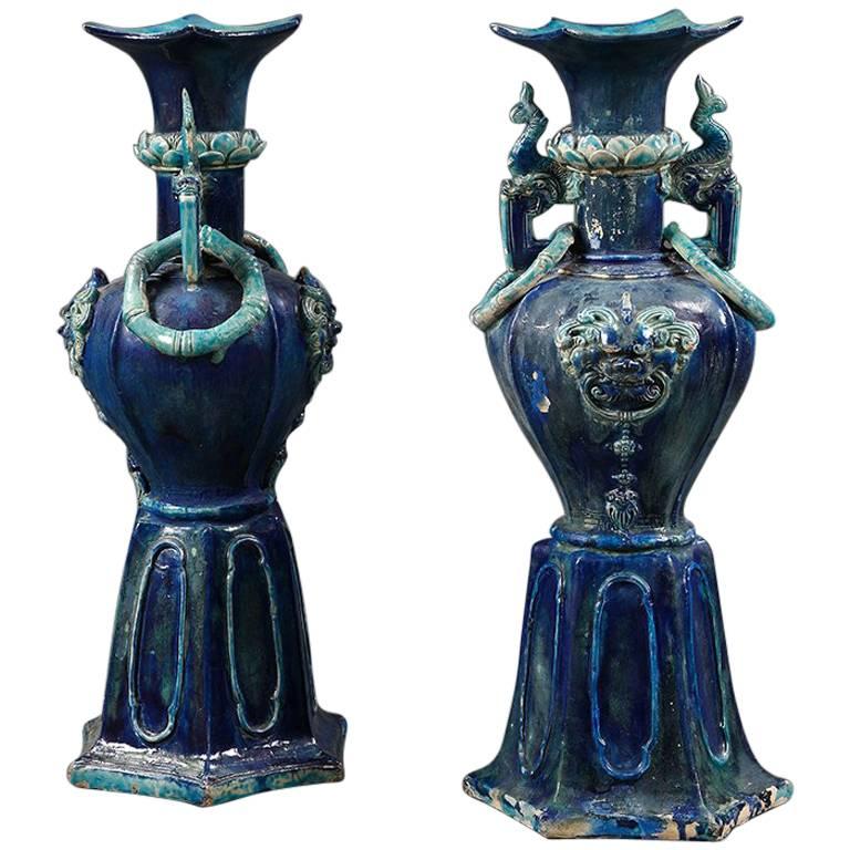 Pair of Early Blue and Turquoise Chinese Pottery Vases