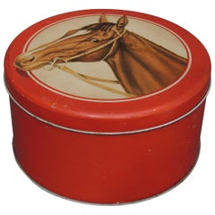 Retro Lithograph Printed Equestrian Horse Head Tole Tin Container