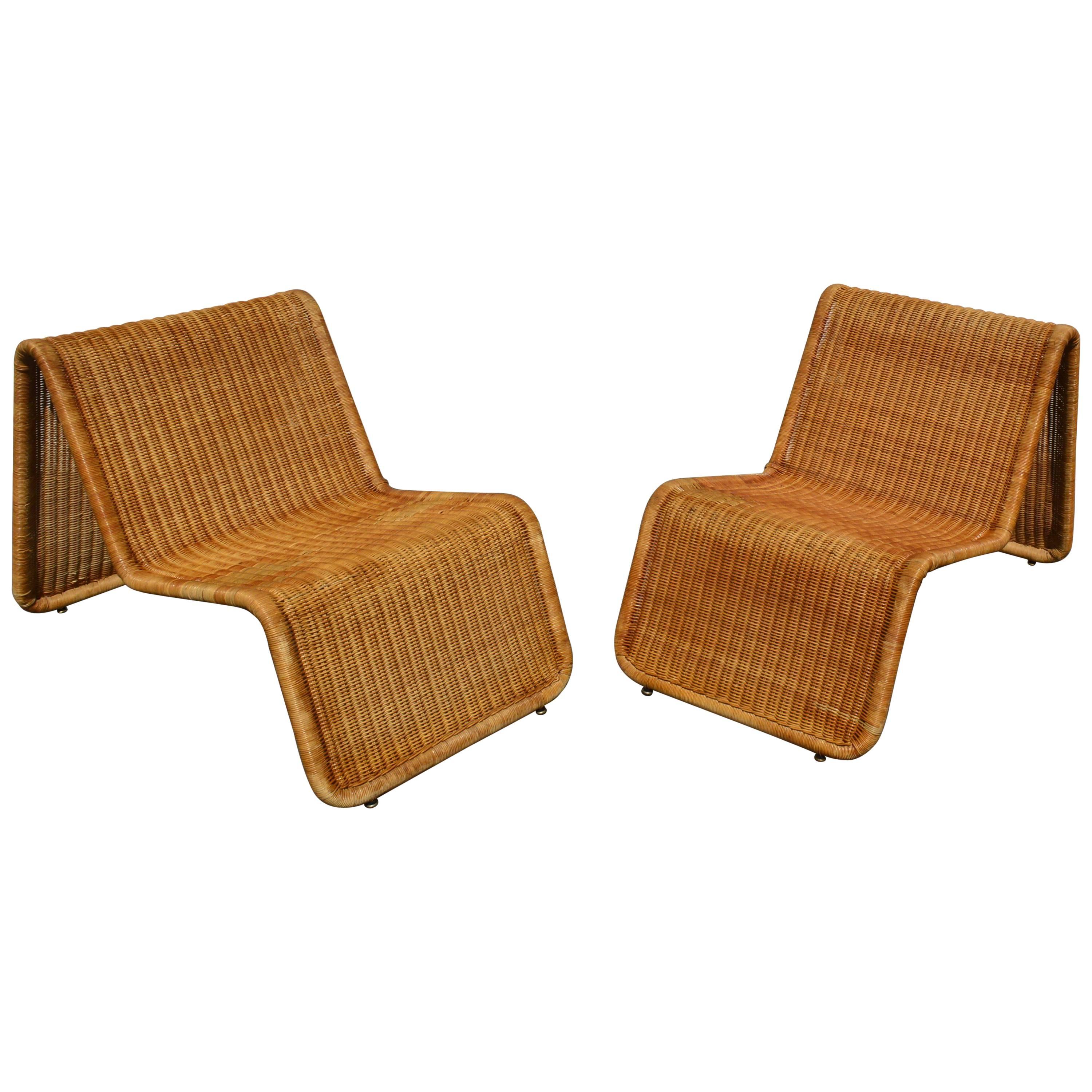 Pair of Wicker Lounge Chairs by Tito Agnoli for Bonacina, Italy, 1960s