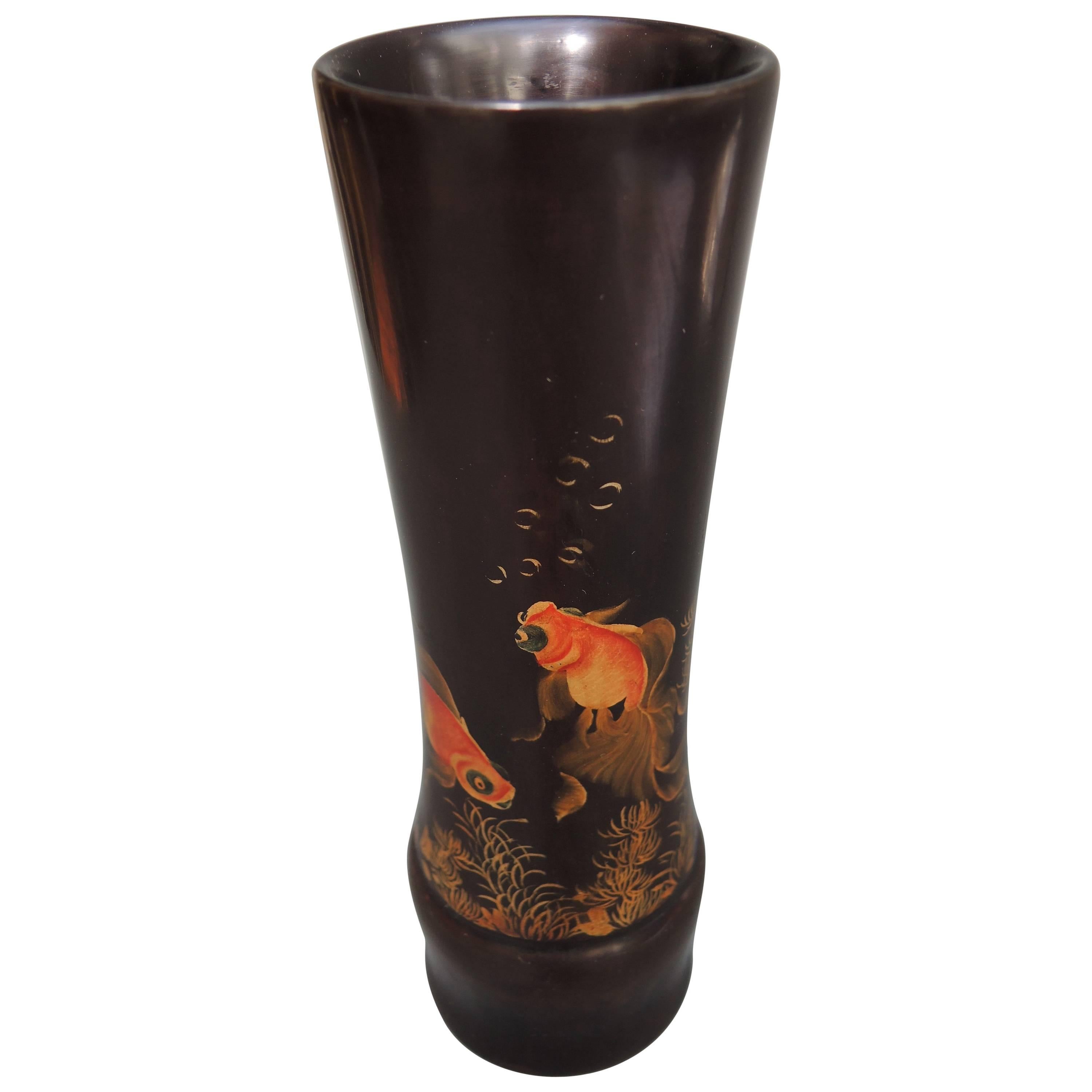Japanese Hand-Painted Lacquered Wood Vase Showing Fantail Goldfish For Sale