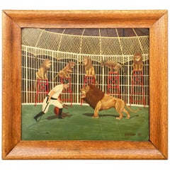 Great WPA 1930s Lion Tamer Circus Painting by R. G. Fiege