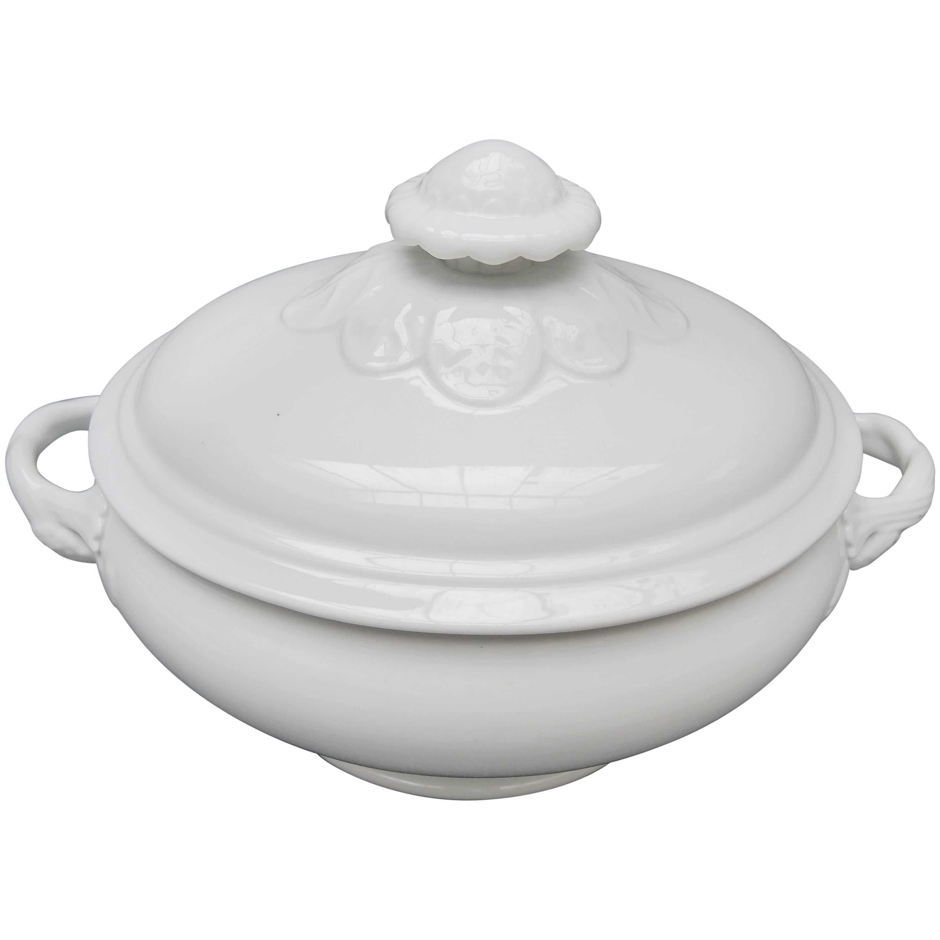 Beautiful oval form white ironstone covered tureen with intertwining twig handles and pineapple form finial .