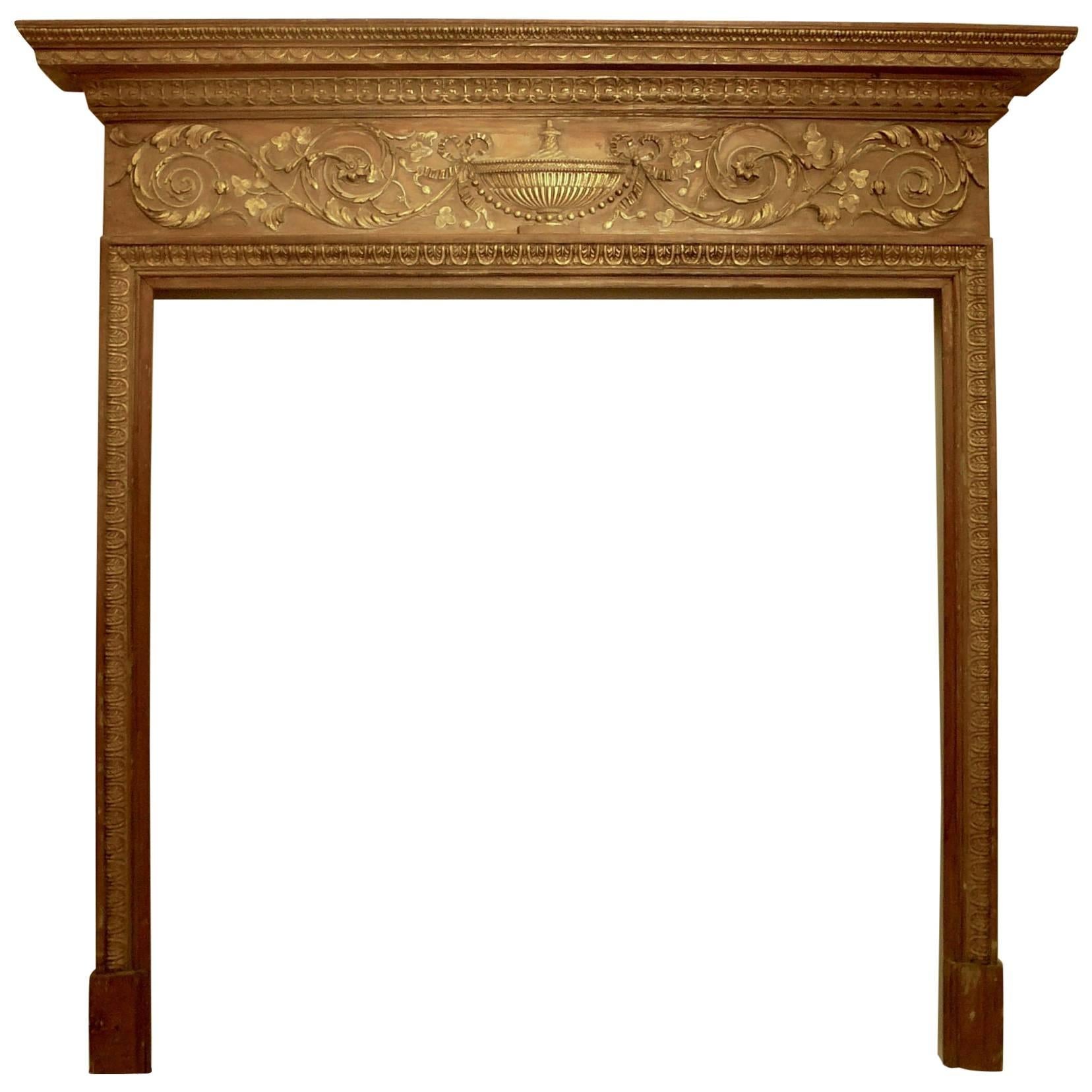 English Georgian Carved Pine Fireplace Mantle with Gilt Elements