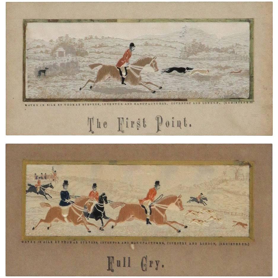 Pair of Framed 19th Century English Woven Silk Equestrian Fox Hunting Panels For Sale