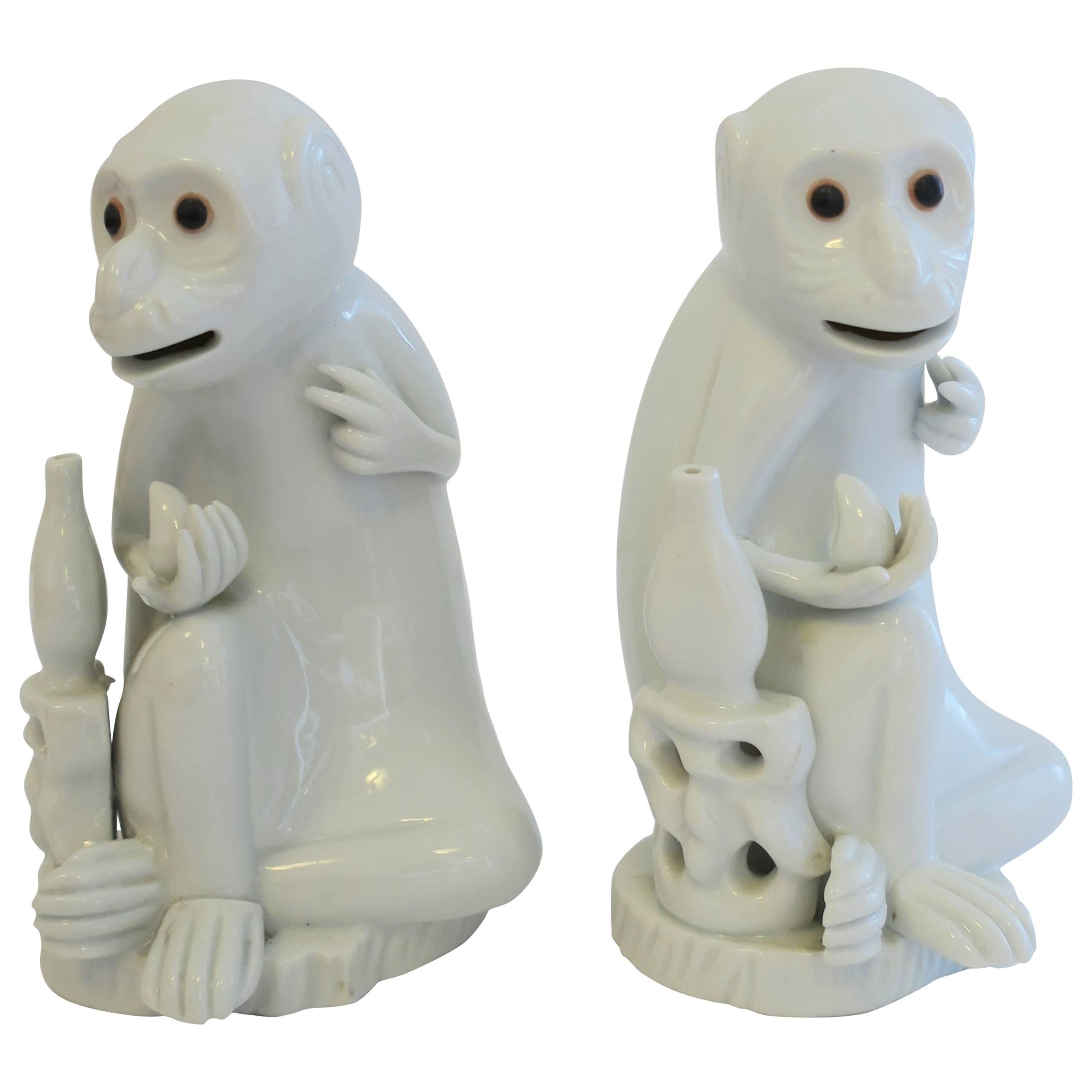 Pair Vintage Blanc de Chine White Porcelain Monkey Sculptures