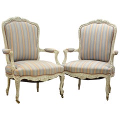 Pair of Charming Late 19th Century French Louis XV Style Painted Open Armchairs