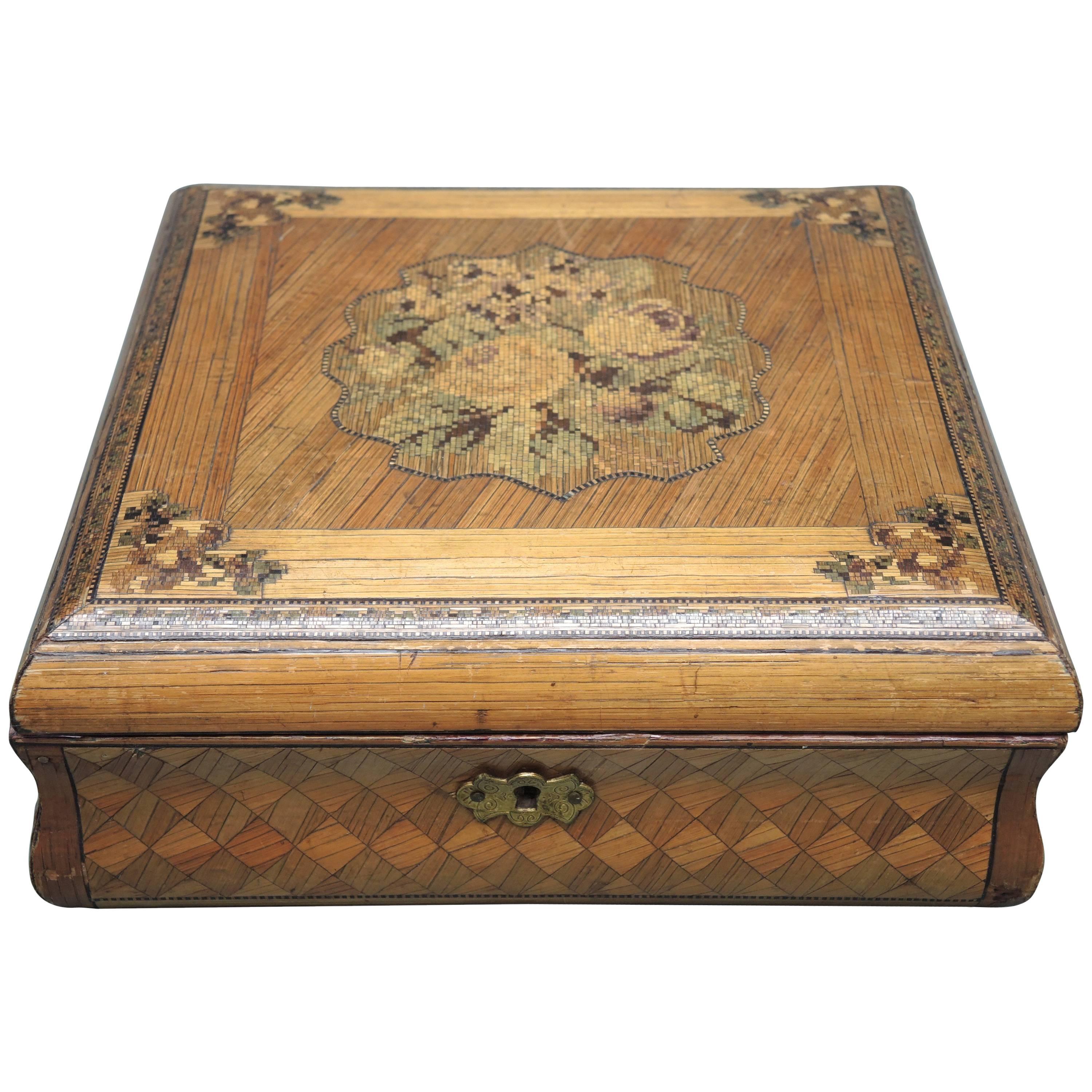 19th Century French Straw Work Inlaid Folk Art Box For Sale