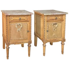 Pair of Antique Italian Neoclassical Fruitwood Marble Top Nightstands 9