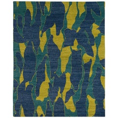 Blue and Chartreuse Camouflage Print Area Rug Wool 9
