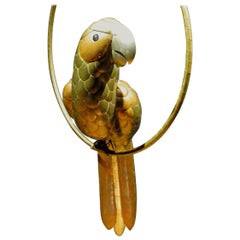 Vintage Sergio Bustamante Brass and Copper Hanging Sculpture of a Parrot