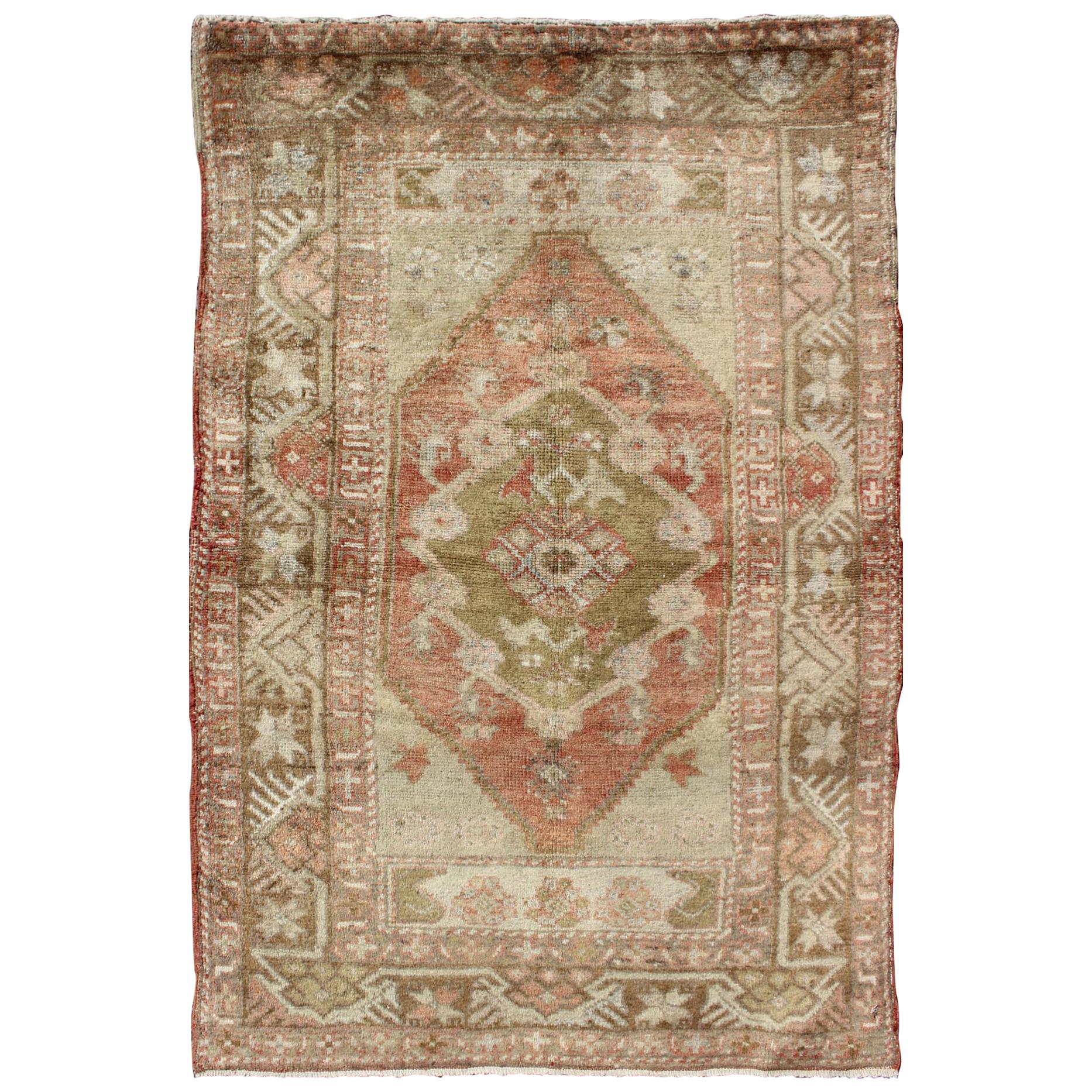 Oushak Vintage from Turkey Rug with Central Medallion in Green, Coral & Salmon For Sale