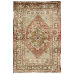 Oushak Vintage from Turkey Rug with Central Medallion in Green, Coral & Salmon