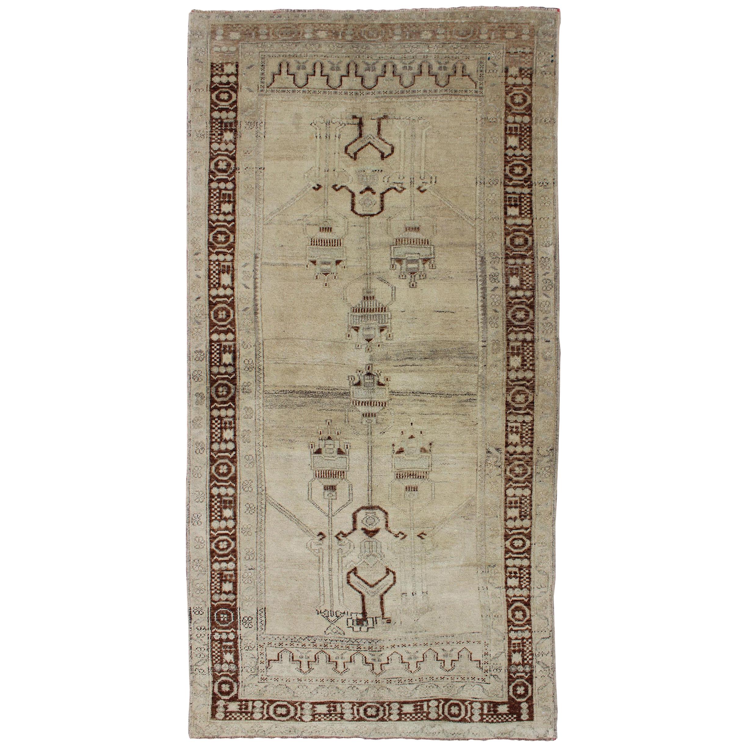 Taupe Background Turkish Vintage Oushak Rug with Tribal Design in Brown & Cream For Sale