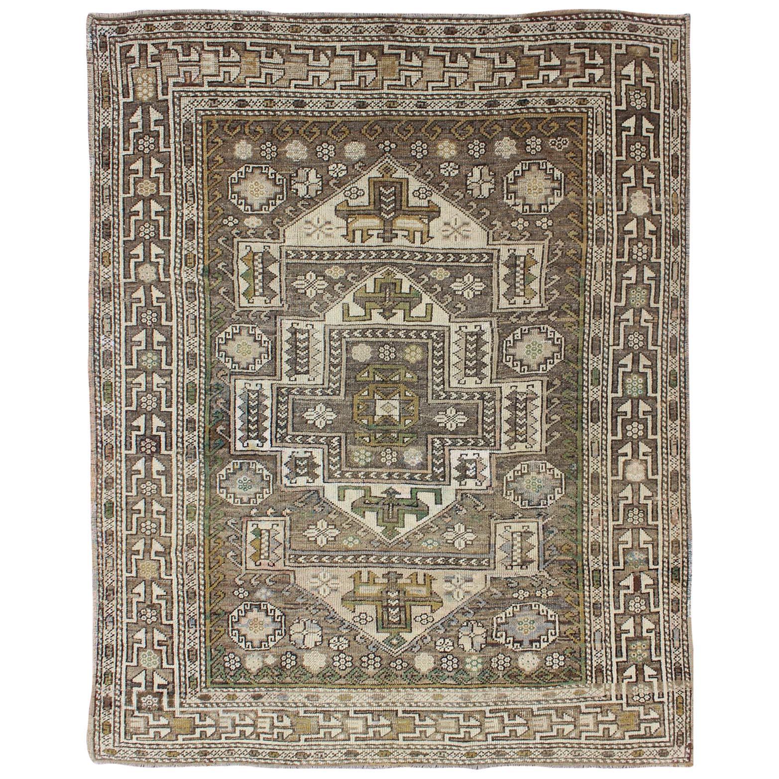 Antique Turkish Oushak Rug with Sub-Geometric Medallion in Green and Brown
