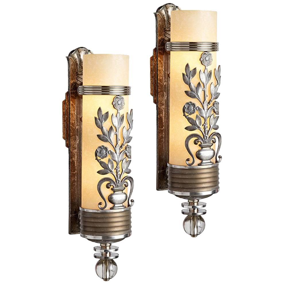 Pair of Substantial Art Deco Theater Sconces with Floral Motifs, circa 1930s