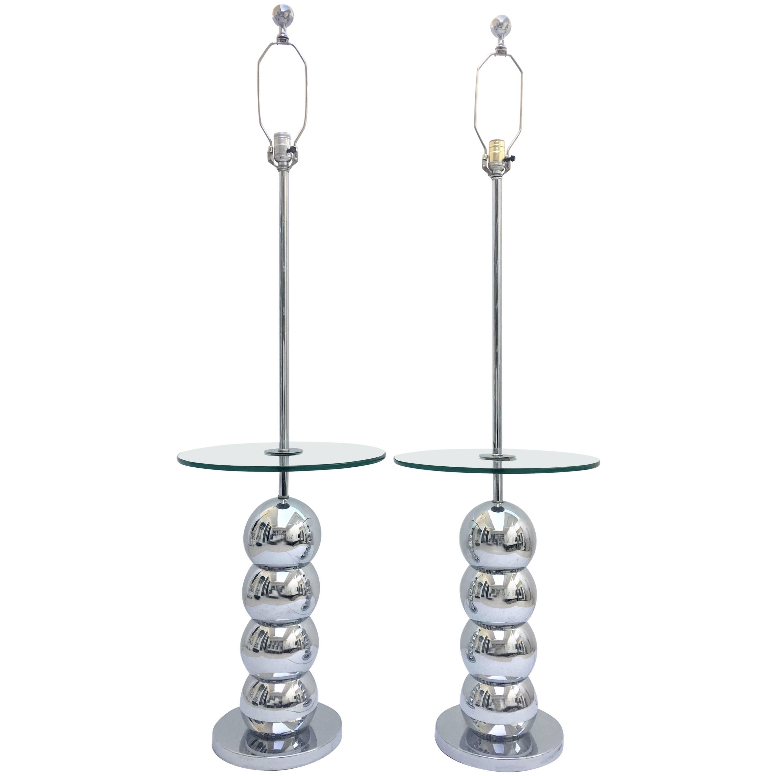 Pair of Mid-Century Modern Laurel Style Chrome Ball & Glass Table Floor Lamps For Sale