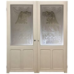 Pair of 19th Century Painted Doors with Etched Glass